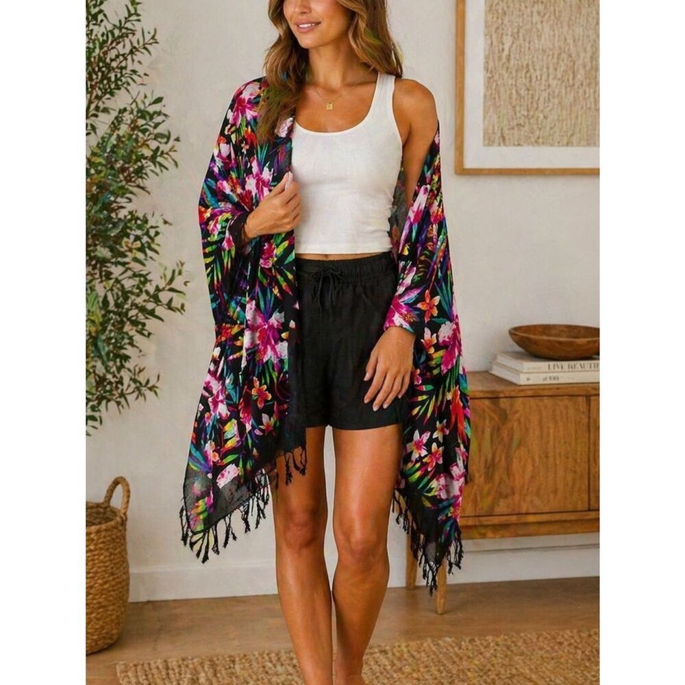 Tropical Floral Black Wrap Scarf Shawl Cover Up Tassel Trim 65 x 42 Inches
